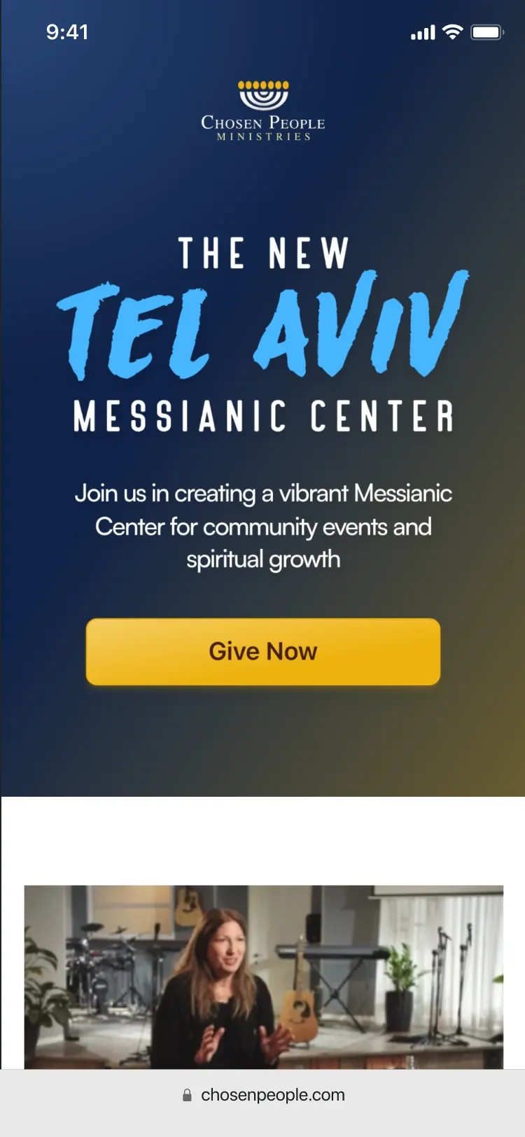 A screenshot shows off the Tel Aviv Messianic Center fundraising landing page